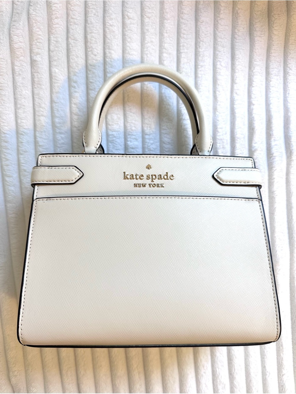 Kate Spade Cream Saffiano Leather Satchel with Gold Logo - Picture 1 of 7